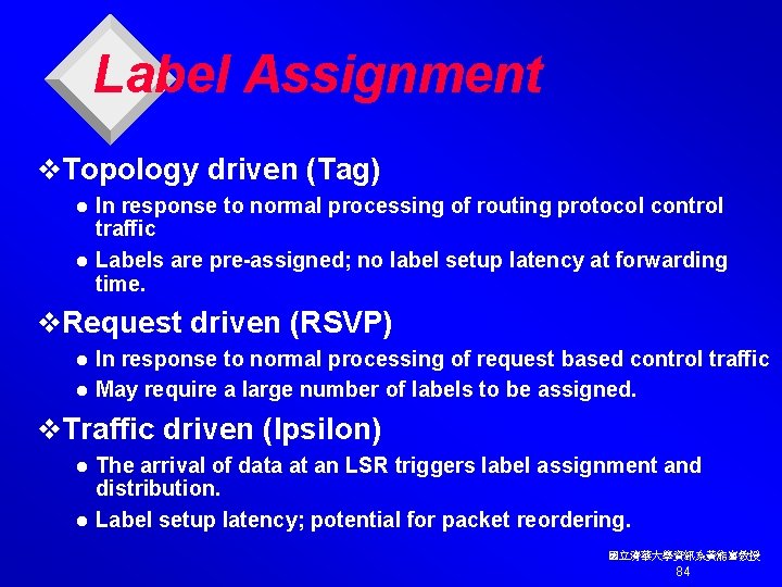 Label Assignment v. Topology driven (Tag) In response to normal processing of routing protocol