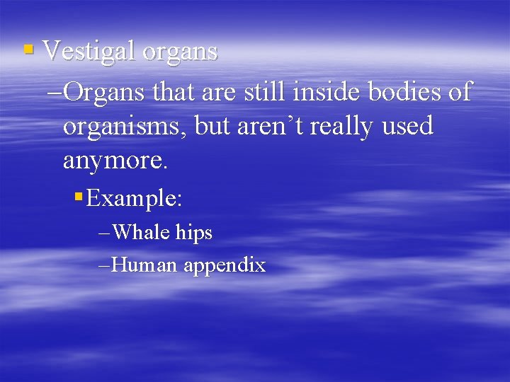 § Vestigal organs – Organs that are still inside bodies of organisms, but aren’t