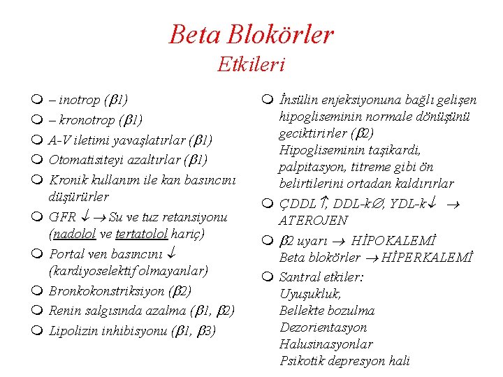 Beta Blokörler Etkileri m m m m m – inotrop ( 1) – kronotrop