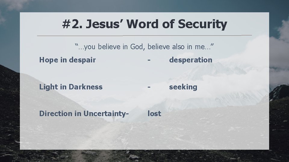 #2. Jesus’ Word of Security “…you believe in God, believe also in me…” Hope