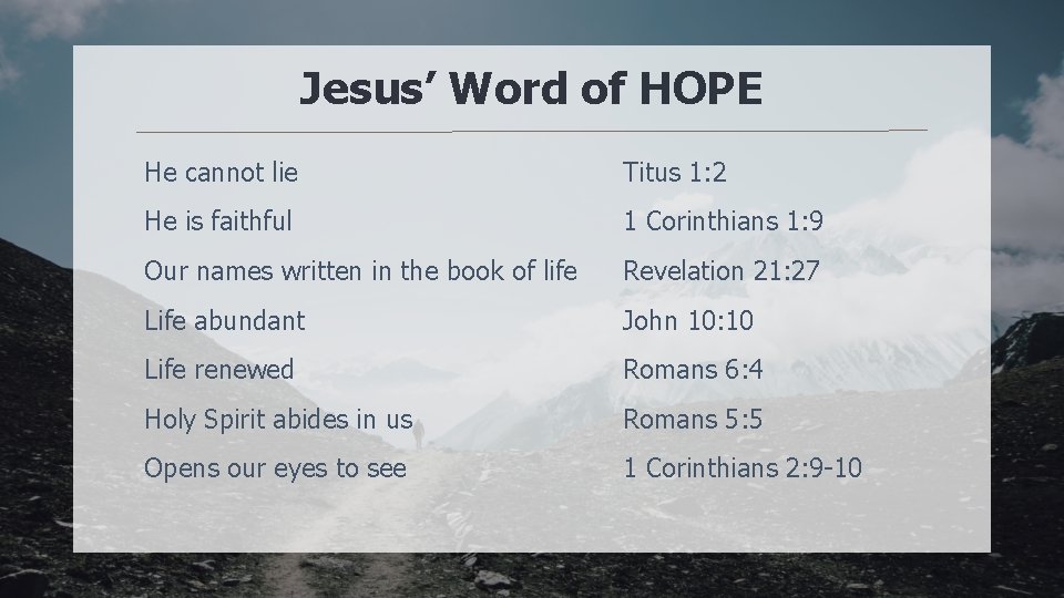 Jesus’ Word of HOPE He cannot lie Titus 1: 2 He is faithful 1