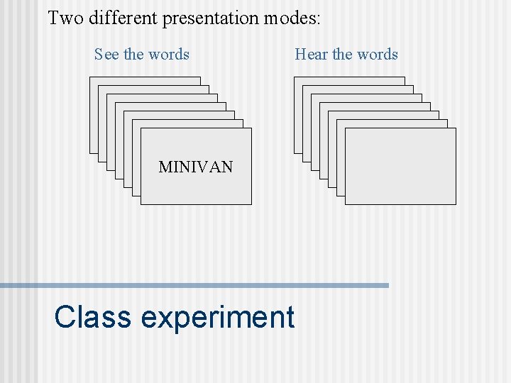 Two different presentation modes: See the words Hear the words BOOK CAR DESK DRESSER Two different presentation modes: See the words Hear the words BOOK CAR DESK DRESSER