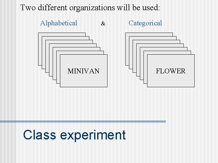 Two different organizations will be used: Alphabetical & BOOK CAR DESK DRESSER FLOWER MAGAZINE Two different organizations will be used: Alphabetical & BOOK CAR DESK DRESSER FLOWER MAGAZINE