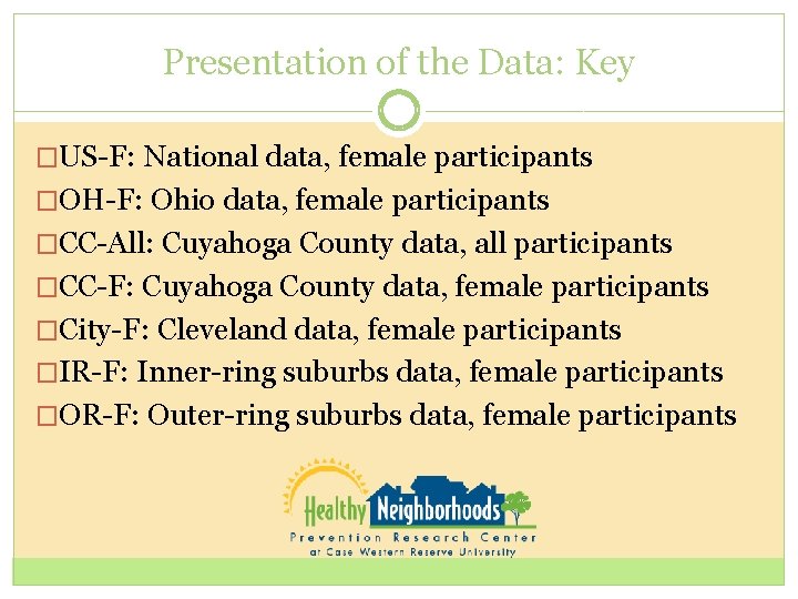 Presentation of the Data: Key �US-F: National data, female participants �OH-F: Ohio data, female