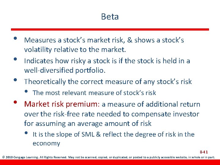 Beta • • Measures a stock’s market risk, & shows a stock’s volatility relative
