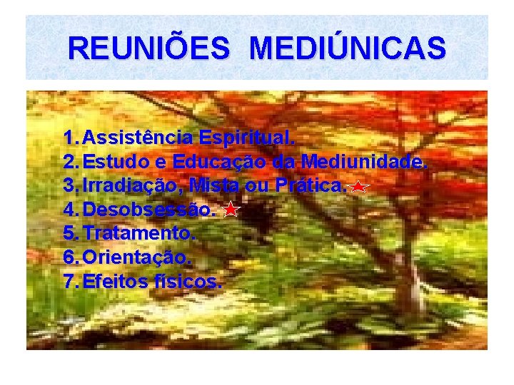 REUNIÕES MEDIÚNICAS 1. Assistência Espiritual. 2. Estudo e Educação da Mediunidade. 3. Irradiação, Mista