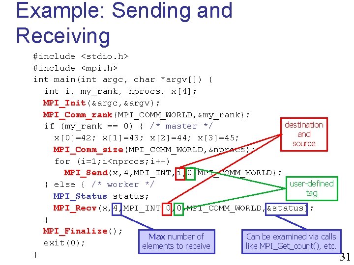 Example: Sending and Receiving #include <stdio. h> #include <mpi. h> int main(int argc, char