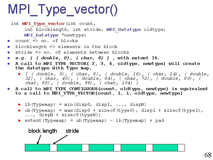 MPI_Type_vector() int MPI_Type_vector(int count, int blocklength, int stride, MPI_Datatype oldtype, MPI_Datatype *newtype) n count