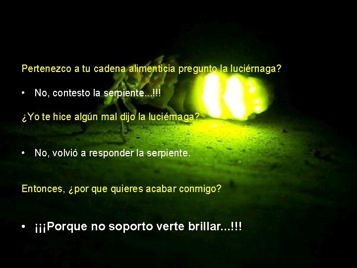 Pertenezco a tu cadena alimenticia pregunto la luciérnaga? • No, contesto la serpiente. .