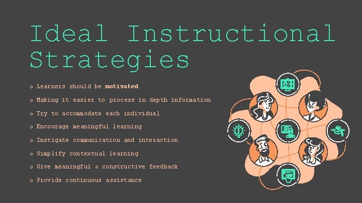 Ideal Instructional Strategies o Learners should be motivated o Making it easier to process