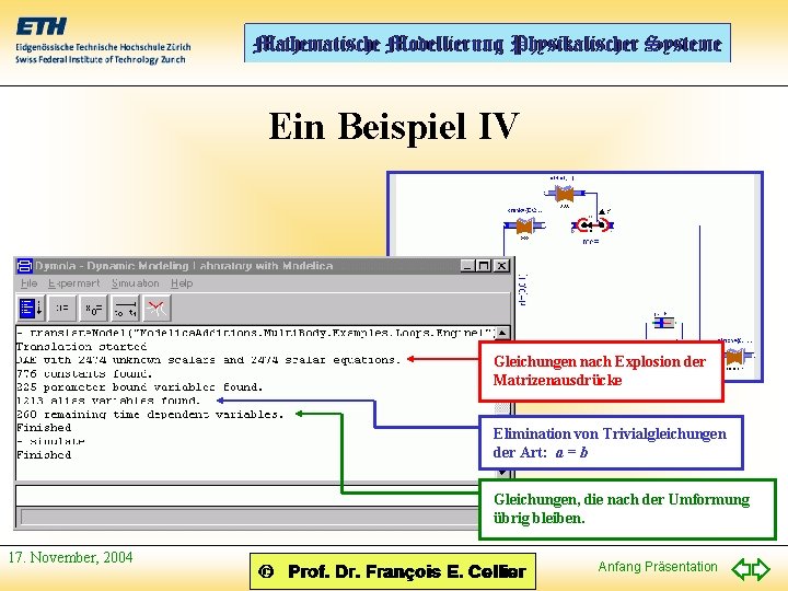 Ein Beispiel IV Gleichungen nach Explosion der Matrizenausdrücke Elimination von Trivialgleichungen der Art: a