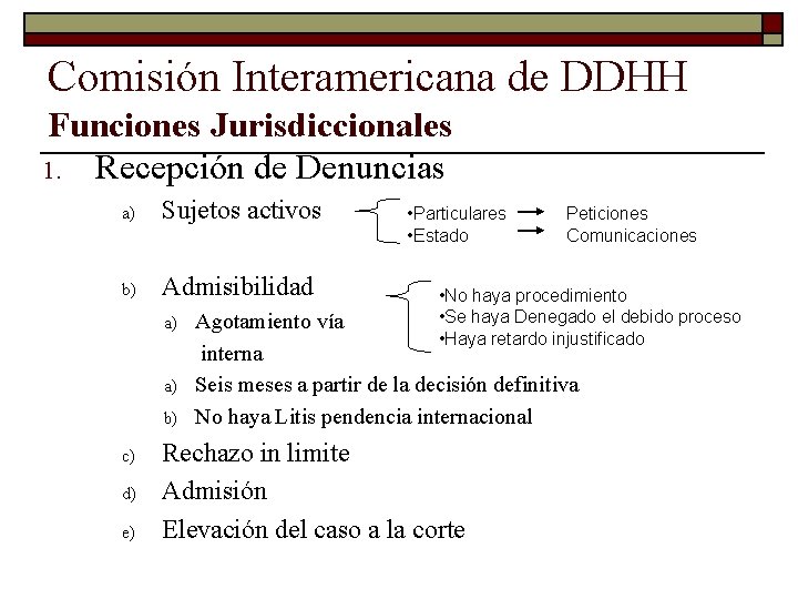 Comisión Interamericana de DDHH Funciones Jurisdiccionales 1. Recepción de Denuncias a) Sujetos activos b)