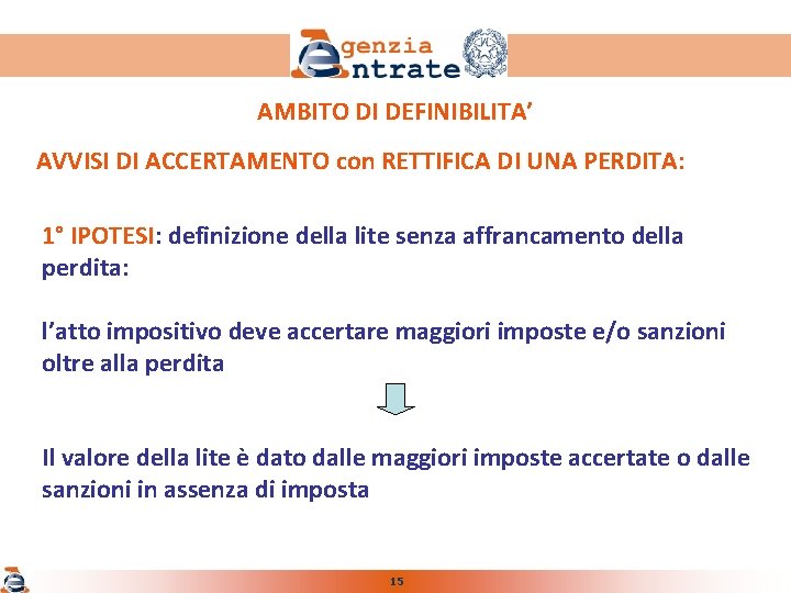 AMBITO DI DEFINIBILITA’ AVVISI DI ACCERTAMENTO con RETTIFICA DI UNA PERDITA: 1° IPOTESI: definizione