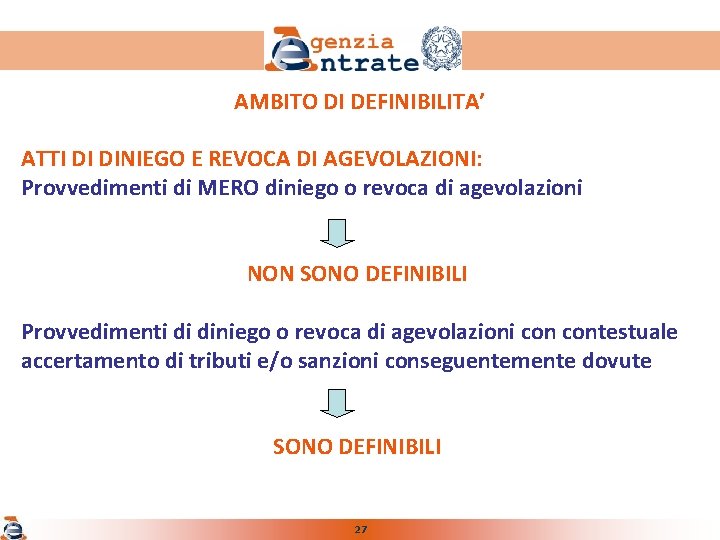 AMBITO DI DEFINIBILITA’ ATTI DI DINIEGO E REVOCA DI AGEVOLAZIONI: Provvedimenti di MERO diniego