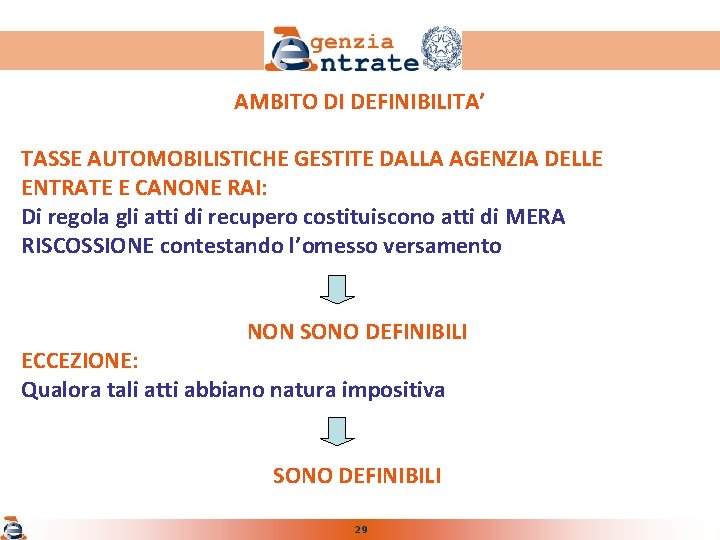 AMBITO DI DEFINIBILITA’ TASSE AUTOMOBILISTICHE GESTITE DALLA AGENZIA DELLE ENTRATE E CANONE RAI: Di