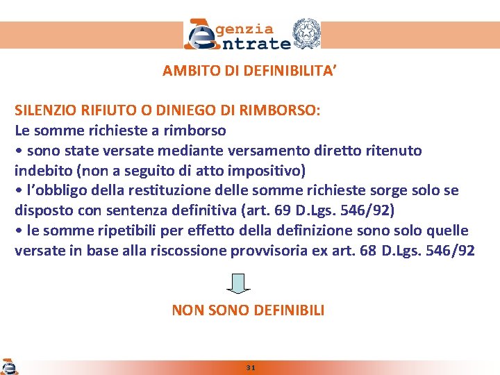 AMBITO DI DEFINIBILITA’ SILENZIO RIFIUTO O DINIEGO DI RIMBORSO: Le somme richieste a rimborso