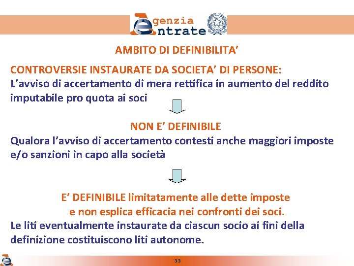 AMBITO DI DEFINIBILITA’ CONTROVERSIE INSTAURATE DA SOCIETA’ DI PERSONE: L’avviso di accertamento di mera