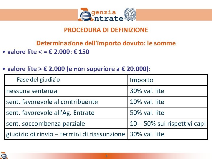 PROCEDURA DI DEFINIZIONE Determinazione dell’importo dovuto: le somme • valore lite < = €