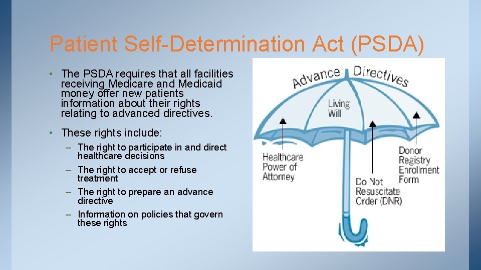 Patient Self-Determination Act (PSDA) • The PSDA requires that all facilities receiving Medicare and