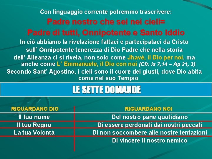 Con linguaggio corrente potremmo trascrivere: Padre nostro che sei nei cieli= Padre di tutti,