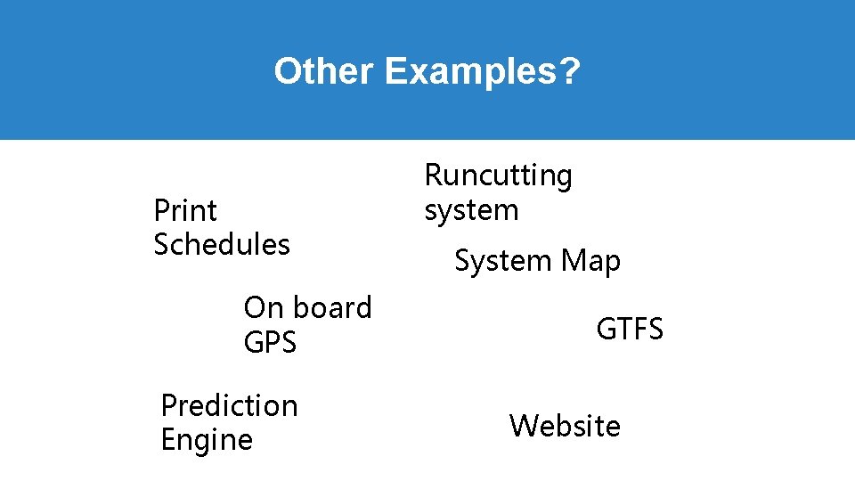 Other Examples? Print Schedules On board GPS Prediction Engine Runcutting system System Map GTFS Other Examples? Print Schedules On board GPS Prediction Engine Runcutting system System Map GTFS