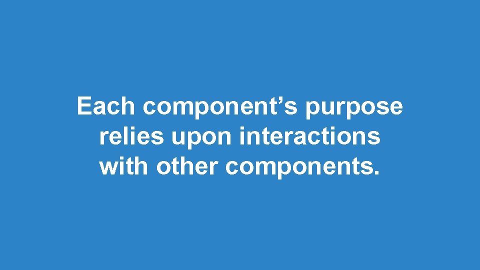 Each component’s purpose relies upon interactions with other components. Each component’s purpose relies upon interactions with other components.