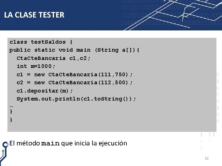 LA CLASE TESTER class test. Saldos { public static void main (String a[]){ Cta.