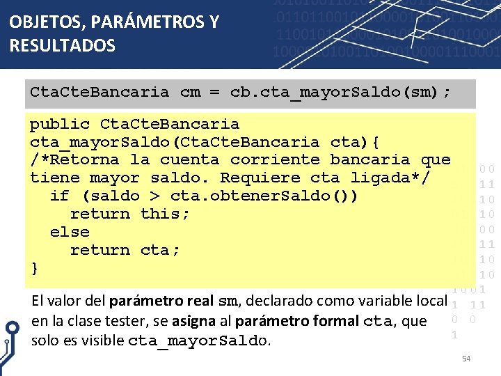 OBJETOS, PARÁMETROS Y RESULTADOS Cta. Cte. Bancaria cm = cb. cta_mayor. Saldo(sm); public Cta.