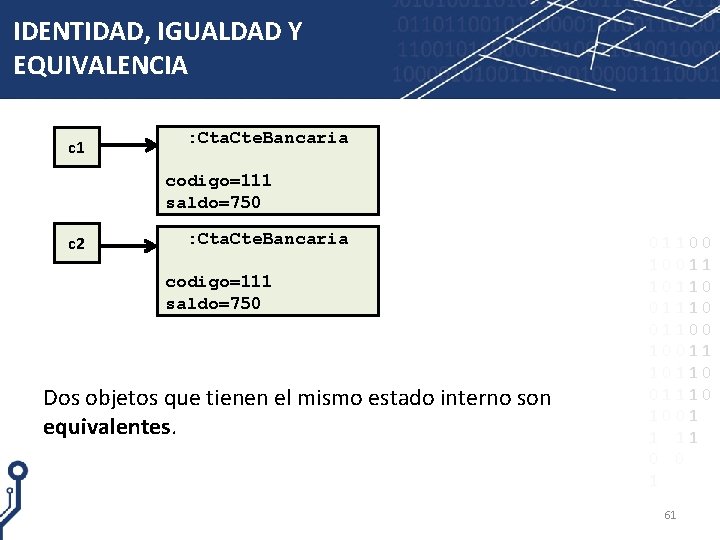 IDENTIDAD, IGUALDAD Y EQUIVALENCIA c 1 : Cta. Cte. Bancaria codigo=111 saldo=750 c 2