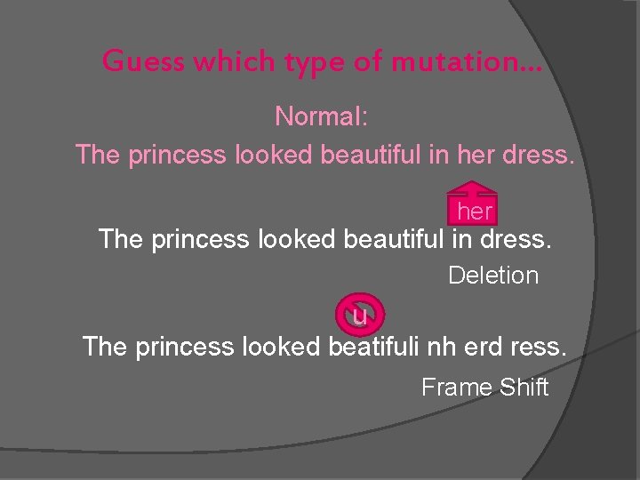 Guess which type of mutation… Normal: The princess looked beautiful in her dress. her