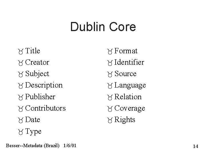 Dublin Core Title Format Creator Identifier Subject Source Description Language Publisher Relation Contributors Coverage