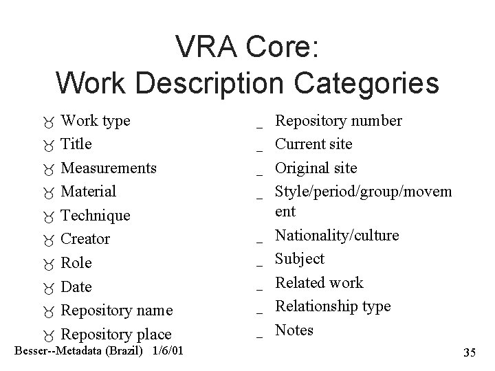 VRA Core: Work Description Categories Work type Title Measurements Material Technique Creator Role Date