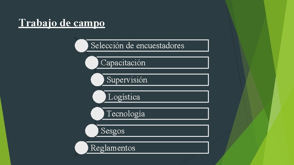 Trabajo de campo Selección de encuestadores Capacitación Supervisión Logística Tecnología Sesgos Reglamentos 