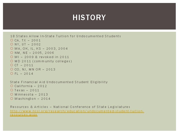 HISTORY 18 States Allow In-State Tuition for Undocumented Students CA, TX – 2001 NY,