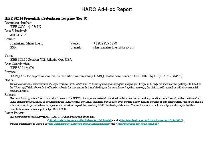 HARQ AdHoc Report IEEE 802 16 Presentation Submission