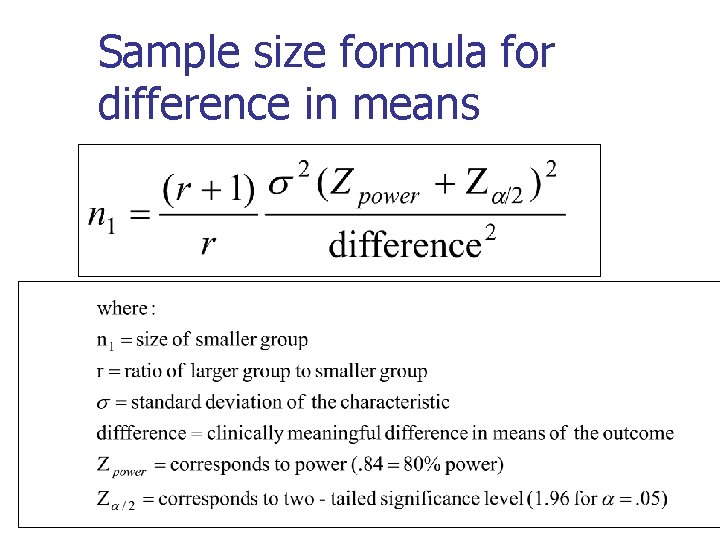 Sample size formula for difference in means 