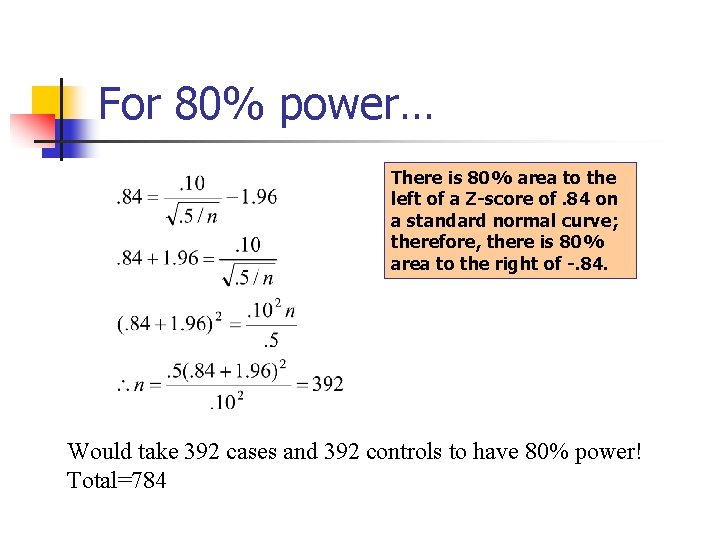 For 80% power… There is 80% area to the left of a Z-score of.