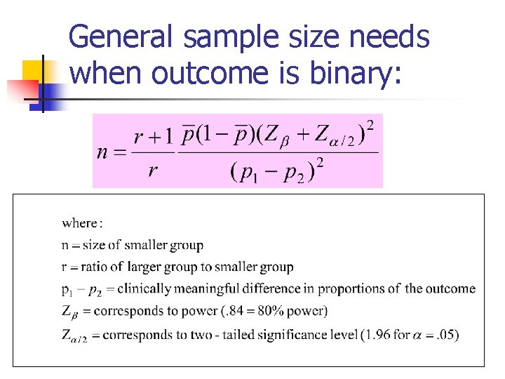 General sample size needs when outcome is binary: 