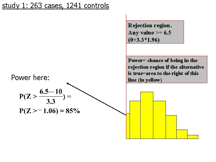 study 1: 263 cases, 1241 controls Rejection region. Any value >= 6. 5 (0+3.