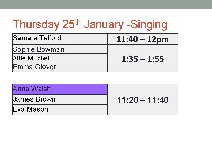 Thursday 25 th January -Singing Samara Telford 11: 40 – 12 pm Sophie Bowman