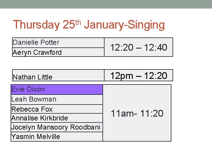 Thursday 25 th January-Singing Danielle Potter Aeryn Crawford 12: 20 – 12: 40 Nathan