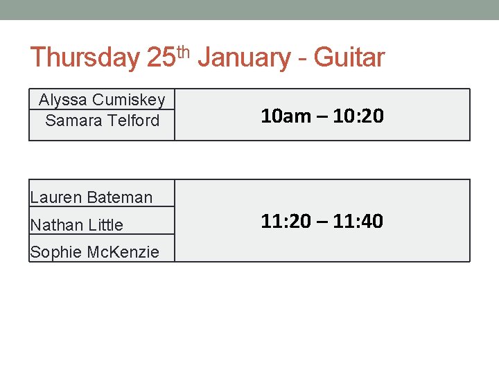 Thursday 25 th January - Guitar Alyssa Cumiskey Samara Telford 10 am – 10: