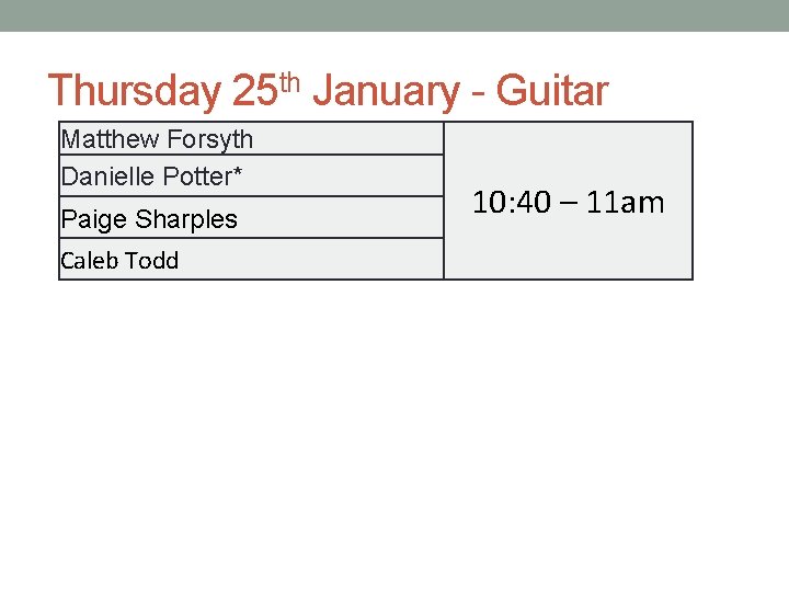 Thursday 25 th January - Guitar Matthew Forsyth Danielle Potter* Paige Sharples Caleb Todd