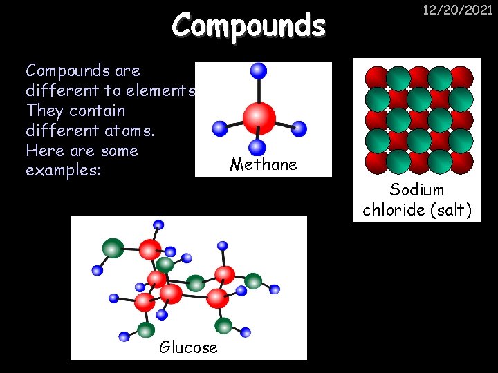 Compounds are different to elements. They contain different atoms. Here are some examples: Glucose