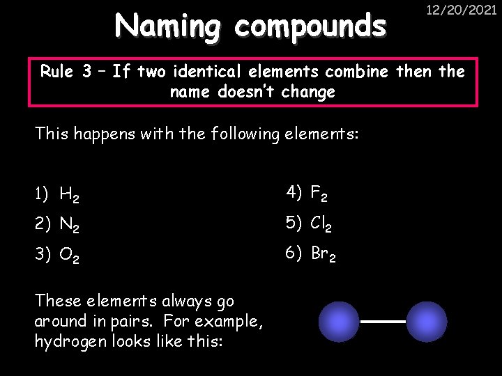 Naming compounds 12/20/2021 Rule 3 – If two identical elements combine then the name