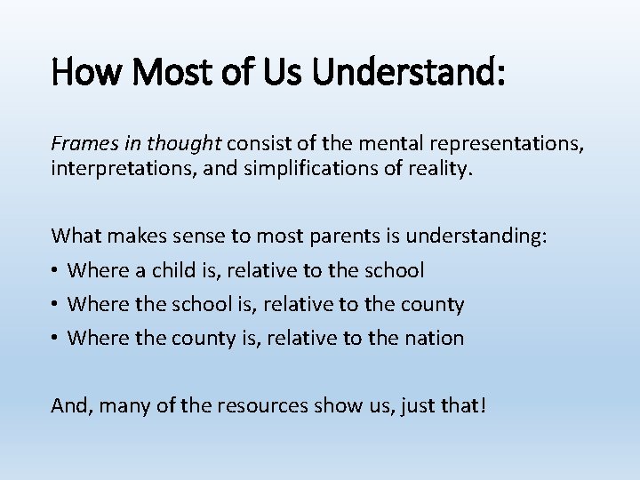 How Most of Us Understand: Frames in thought consist of the mental representations, interpretations, How Most of Us Understand: Frames in thought consist of the mental representations, interpretations,