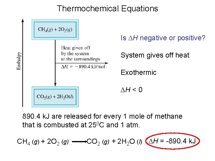 Thermochemical Equations Is DH negative or positive? System gives off heat Exothermic DH <