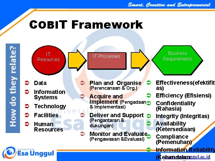 How do they relate? COBIT Framework IT Resources Ü Data Ü Information Systems Ü