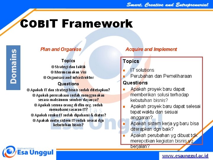 Domains COBIT Framework Plan and Organise Topics Strategi dan taktik Merencanakan Visi Organisasi and