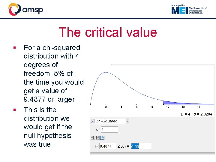 The critical value § § For a chi-squared distribution with 4 degrees of freedom,